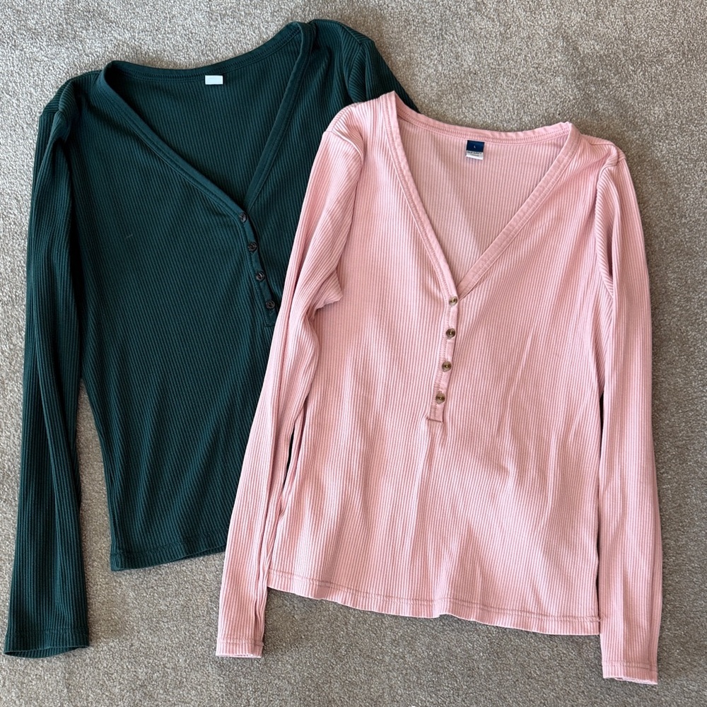 Old Navy Ribbed Henley Tops - Pink & Teal L